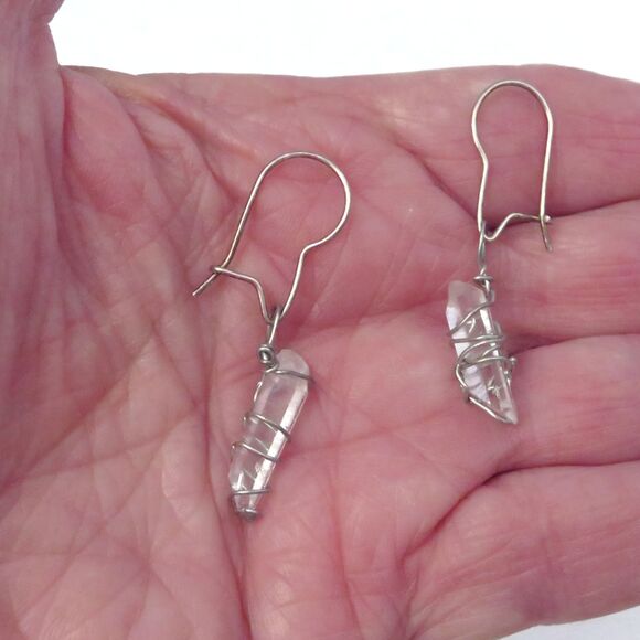 Vintage Sterling Silver Wire Wrapped Quartz Crystal Dangle Earrings For Women - Picture 4 of 4